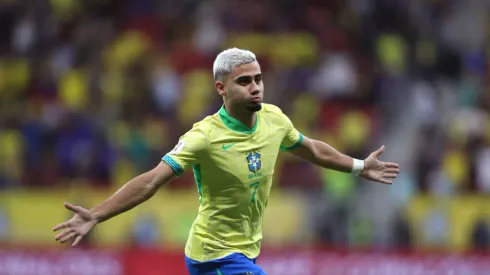 BRASILIA, BRAZIL – OCTOBER 15: Andreas Pereira of Brazil celebrates after scoring the team's third goal during the FIFA World Cup 2026 South American Qualifier match between Brazil and Peru at Arena BRB Mané Garrincha on October 15, 2024 in Brasilia, Brazil. (Photo by Wagner Meier/Getty Images)