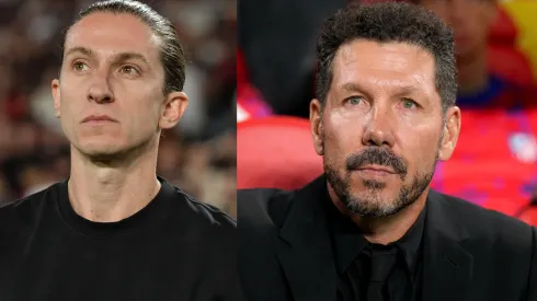 Filipe Luís e Simeone trabalharam juntos no Atlético de Madrid – Fotos: Thiago Ribeiro/AGIF e Angel Martinez/Getty Images