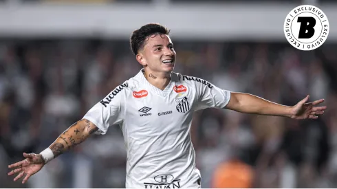 Alvaro Barreal jogador do Santos comemora seu gol durante partida contra o Atletico-MG no estadio Vila Belmiro. Foto: Abner Dourado/AGIF