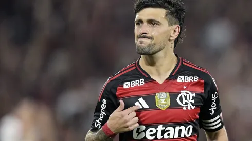 Arrascaeta jogador do Flamengo comemora seu gol durante partida contra o Bragantino. Foto: Alexandre Loureiro/AGIF