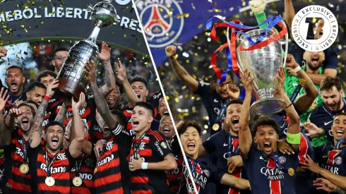 Flamengo, campeão da Libertadores e PSG, da Champions League. Fotos: Carl Recine e Buda Mendes (Getty Images)
