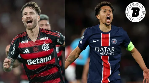 Léo Pereira e Marquinhos vão se enfrentar em Flamengo x PSG – Fotos: Thiago Ribeiro/AGIF e Richard Heathcote/Getty Images
