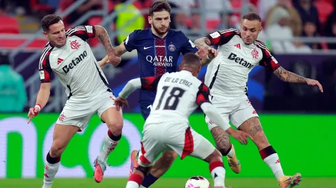 DOHA, QATAR – DECEMBER 17: Khvicha Kvaratskhelia of Paris Saint-Germain runs with the ball whilst under pressure during the FIFA Intercontinental Cup 2025 final match between Paris Saint-Germain and CR Flamengo at Ahmad Bin Ali Stadium on December 17, 2025 in Doha, Qatar. (Photo by Getty Images/Getty Images)
