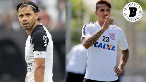 Ángel Romero e Paolo Guerrero em ação pelo Corinthians – Fotos: Joisel Amaral/AGIF e Daniel Vorley/AGIF