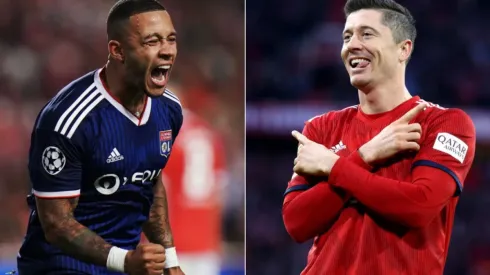Lyon vs. Bayern Munich: Memphis Depay (left) and Robert Lewandowski celebrate after scoring for their teams (Getty).