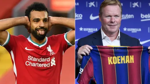 Mohamed Salah of Liverpool (left) and Barcelona coach Ronald Koeman (right). (Getty)