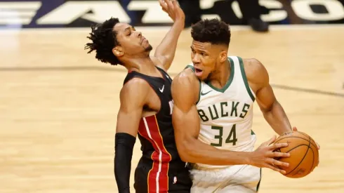 Giannis Antetokounmpo vs. the Heat. (Getty)