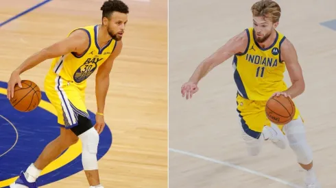 Warriors' Stephen Curry (left) and Pacers' Domantas Sabonis (right). (Getty)