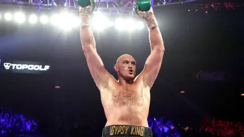 Tyson Fury celebrates his win against Deontay Wilder in the Heavyweight bout. (Getty)