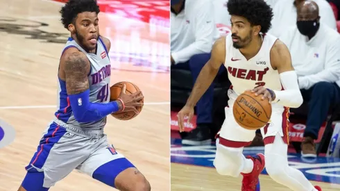 Saddiq Bey of the Detroit Pistons (left) and Gabe Vincent of the Miami Heat (right). (Getty)