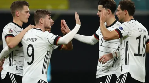 Timo Werner (left) of Germany celebrates a goal against Ukraine. (Getty)