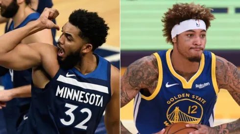 Karl-Anthony Towns (left) of the Minnesota Timberwolves and Kelly Oubre Jr. (right) of the Golden State Warriors. (Getty)
