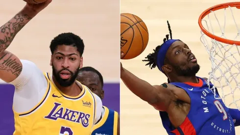 Anthony Davis (left) of the Los Angeles Lakers and Jerami Grant (right) of the Detroit Pistons. (Getty)