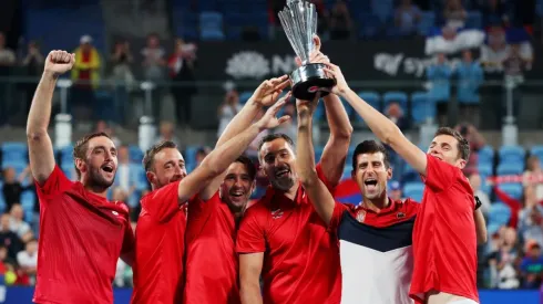 Novak Djokovic of Serbia posees with the ATP Cup trophy after winning the ATP Cup final against Spain. (Getty)