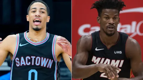 Tyrese Haliburton (left) of the Sacramento Kings and Jimmy Butler (right) of the Miami Heat. (Getty)