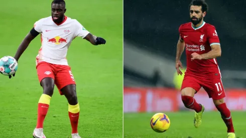 Dayot Upamecano (left) will try to stop Liverpool's Mohamed Salah (right) in this high-flying game. (Getty)