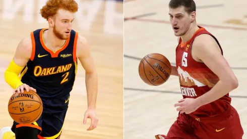 Nico Mannion (left) of the Golden State Warriors and Nikola Jokic (right) of the Denver Nuggets.
