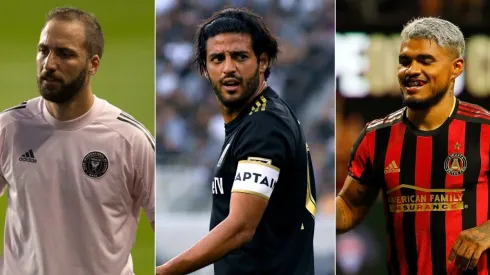 Carlos Vela of LAFC (left),Gonzalo Higuain of Inter Miami (center), and Josef Martinez of Atlanta United (right). (Getty)