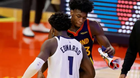 Anthony Edwards (left) of the Minnesota Timberwolves and James Wiseman (right) of the Golden State Warriors. (Getty)