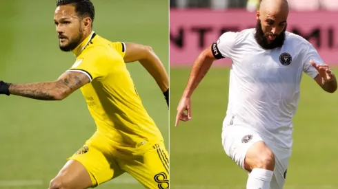 Artur (left) of Columbus Crew and Gonzalo Higuain (right) of Inter Miami. (Getty)