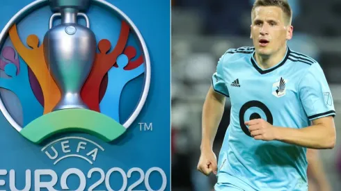 The logo for the UEFA EURO 2020 tournament (left) and Robin Lod of Minnesota United (right). (Getty)