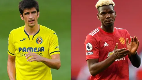 Gerard Moreno of Villarreal (left) and Paul Pogba of Manchester United (right). (Getty)