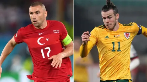 Burak Yilmaz of Turkey (left) and Gareth Bale of Wales (Getty).