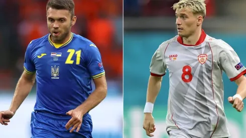 Oleksandr Karavaev of Ukraine (left) and Egzjan Alioski of Macedonia (right). (Getty)