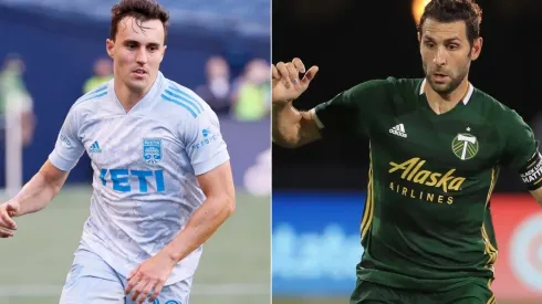 Jared Stroud of Austin FC (left) and Diego Valeri of Portland Timbers (right). (Getty)