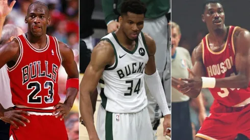 Michael Jordan (left), Giannis Antetokounmpo (Middle) & Hakeem Olajuwoon. (Getty)
