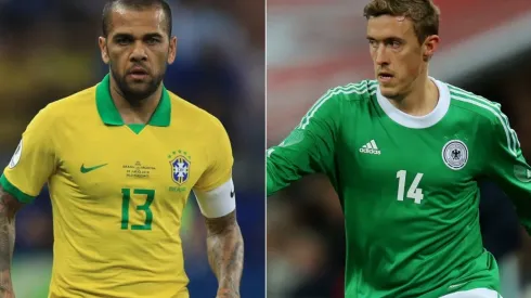 Dani Alves of Brazil (left) and Max Kruse of Germany (right). (Getty)