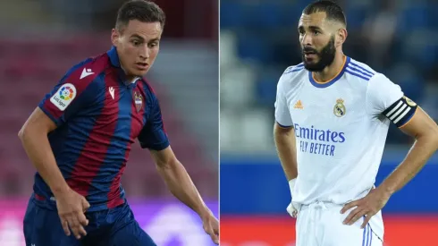 Jorge de Frutos of Levante (left) and Karim Benzema (Getty).