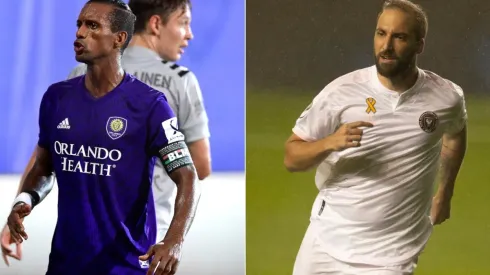 Nani of Orlando City (left) and Gonzalo Higuain of Inter Miami. (Getty)