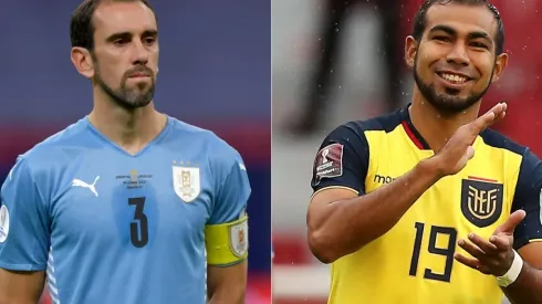 Diego Godin of Uruguay (left) and Junior Sornoza of Ecuador (right) (Getty)