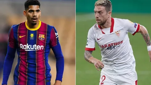 Ronald Araujo of Barcelona (left) and Alejandro Gomez of Sevilla (right). (Getty)