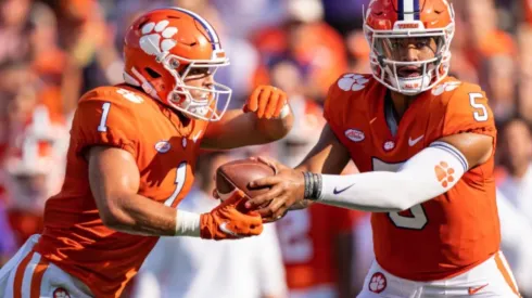 Will Shipley grabs the ball from DJ Uiagalelei at the game vs South Carolina State