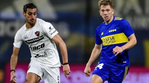 Esteban Rolon of Boca Juniors against Sebastian Sosa Sanchez of Patronato.