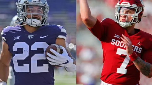 Deuce Vaughn of Kansas State (left) and Spencer Rattler of Oklahoma