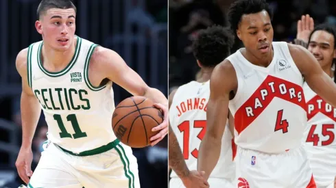 Payton Pritchard of the Boston Celtics (left) and Scottie Barnes of the Toronto Raptors (righy)