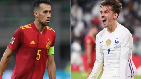 Sergio Busquets of Spain (left) and Antoine Griezmann of France (right)