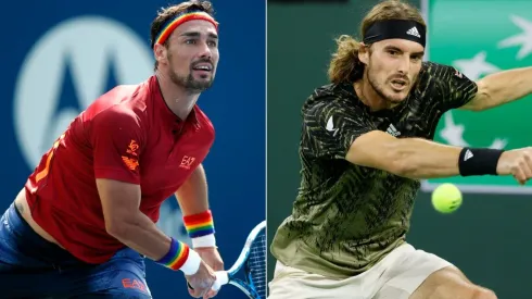 Fabio Fognini of Italy (left) and Stefanos Tsitsipas of Greece