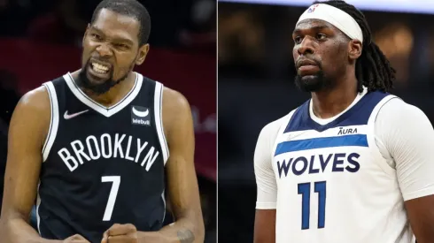 Kevin Durant of the Brooklyn Nets (left) and Naz Reid of the Minnesota Timberwolves (right)