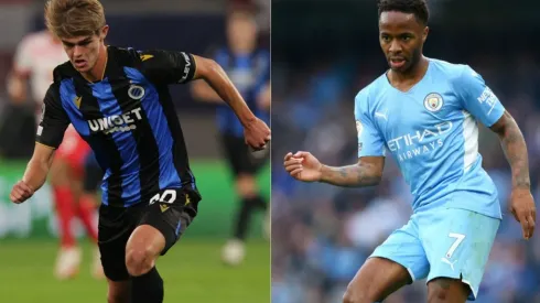 Charles De Ketelaere of Club Brugge (left) and Raheem Sterling of Manchester City