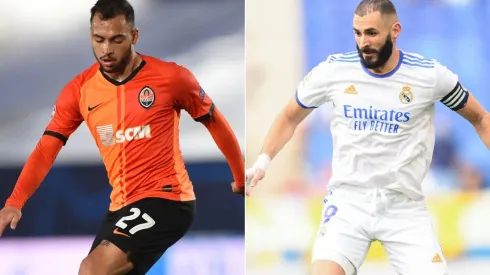 Maycon of Shakhtar Donetsk (left) and Karim Benzema of Real Madrid