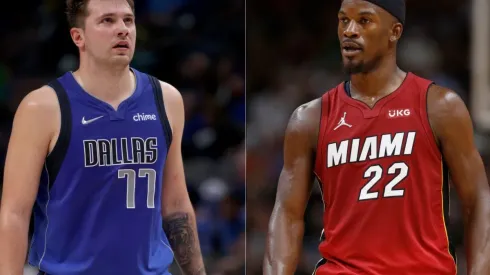Luka Doncic of Dallas (left) and Jimmy Butler of Miami