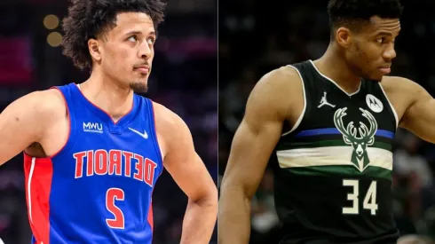 Cade Cunningham of Detroit Pistons (left) and Giannis Antetokounmpo of Milwaukee Bucks