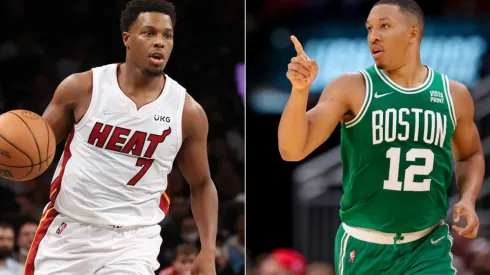 Kyle Lowry of the Miami Heat (left) and Grant Williams of the Boston Celtics (right)