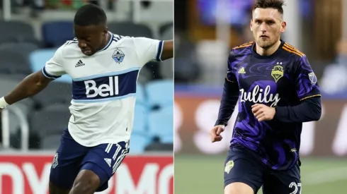 Cristian Dajome of Vancouver Whitecaps (left) and Shane O'Neill of Seattle Sounders