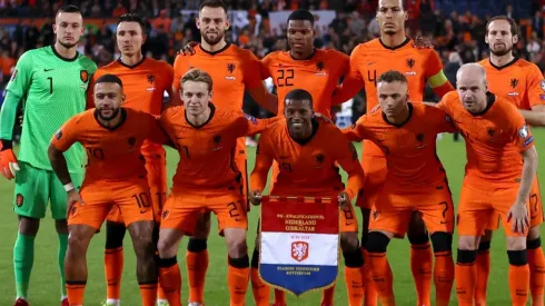 The Netherlands players line up prior a game