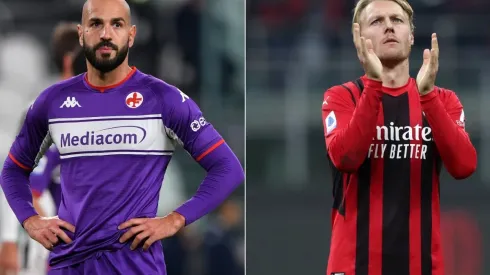 Riccardo Saponara of Fiorentina (left) and Simon Kjaer of Milan (right)